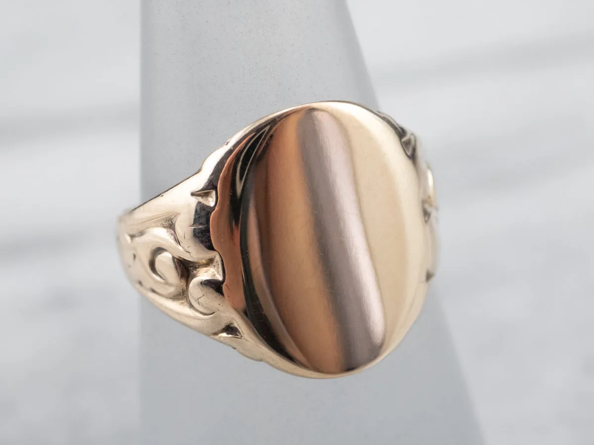 10K Rose Gold Vintage Scroll Shoulder Oval Top Signet Ring