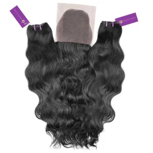 2 x Wavy Virgin Machine Weft Bundle   Closure Deal