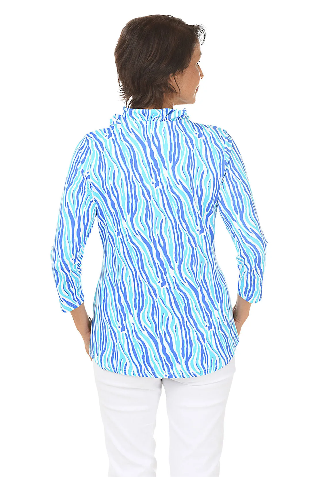 Aqua Zebra Ruffle Neck UPF50  Top