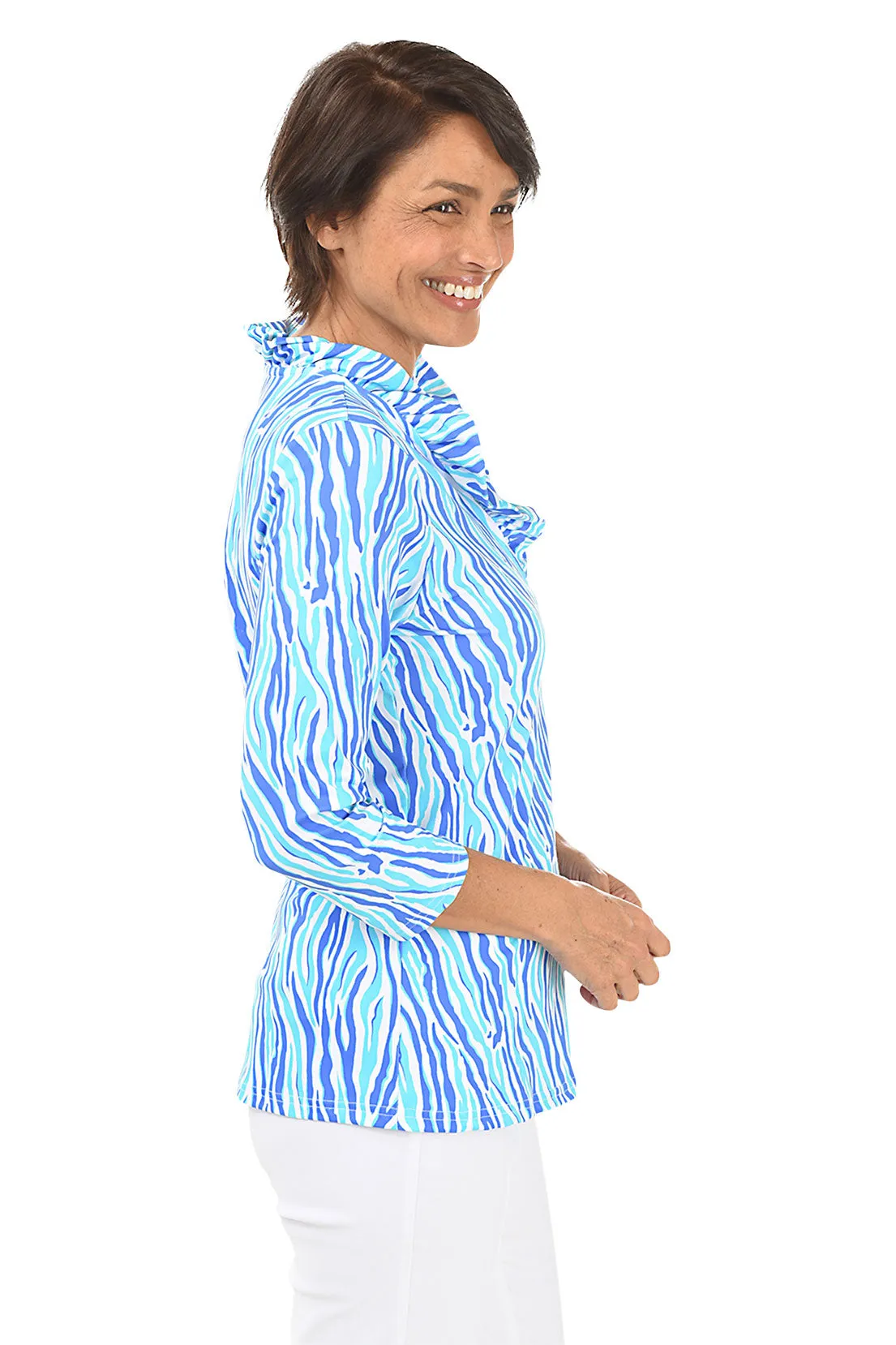 Aqua Zebra Ruffle Neck UPF50  Top