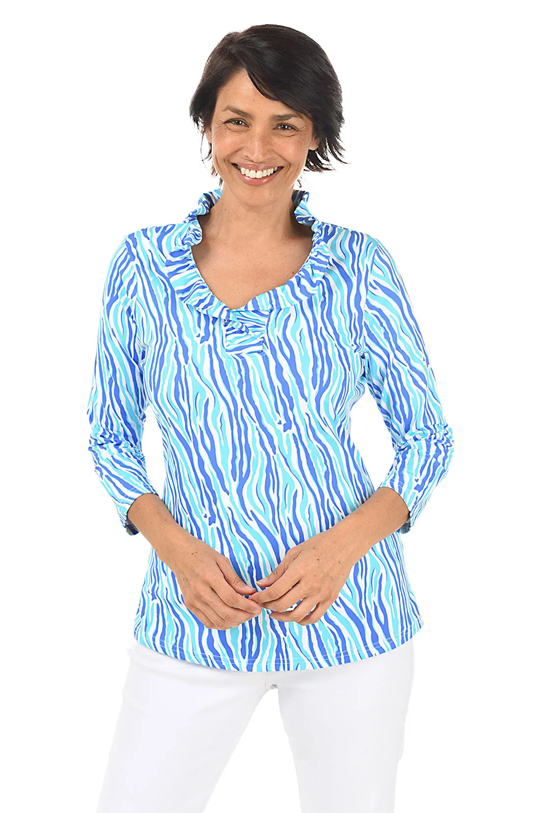 Aqua Zebra Ruffle Neck UPF50  Top