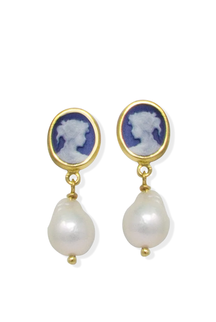 Blue Mini Cameo & Pearl Earrings