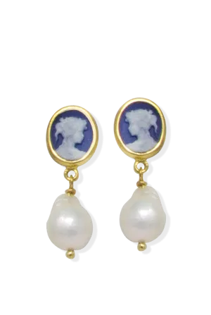 Blue Mini Cameo & Pearl Earrings