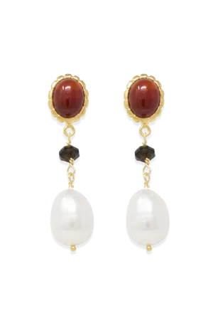 Carnelian, Onyx & Pearl Drop Earrings