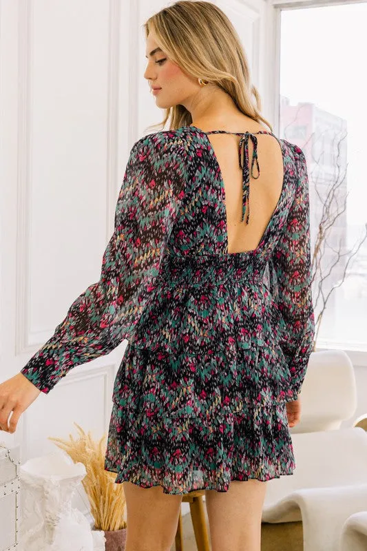 Floral V-Neckline Tiered Ruffle Mini Dress