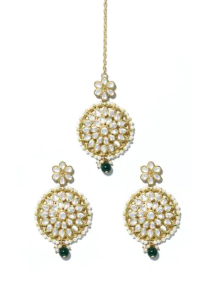 Gold Plated Green Bead Kundan Dangler Earrings with Maangtikka