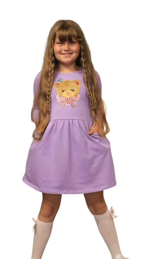 Long Sleeve Girl's Dress with Soft Fur Bear Applique