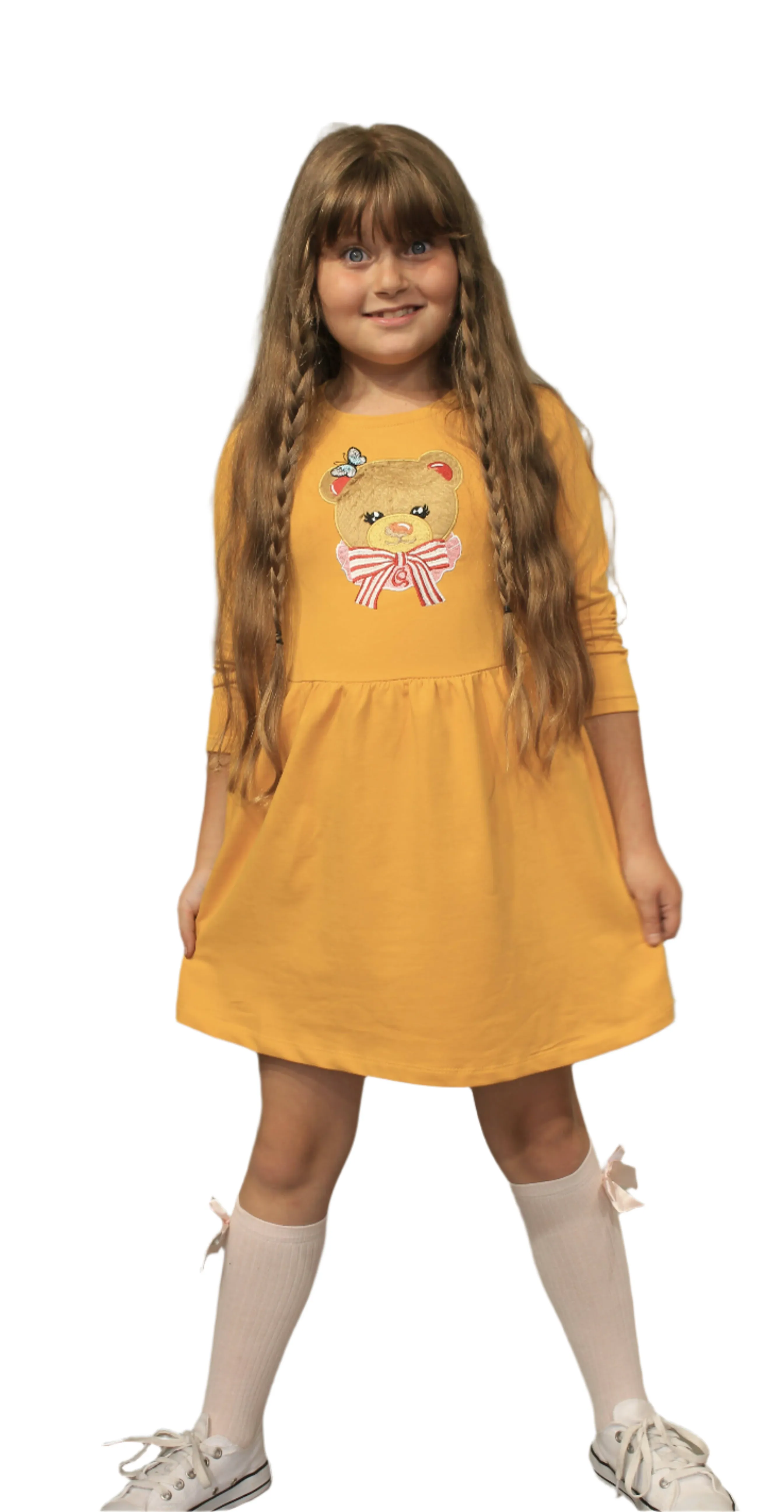 Long Sleeve Girl's Dress with Soft Fur Bear Applique