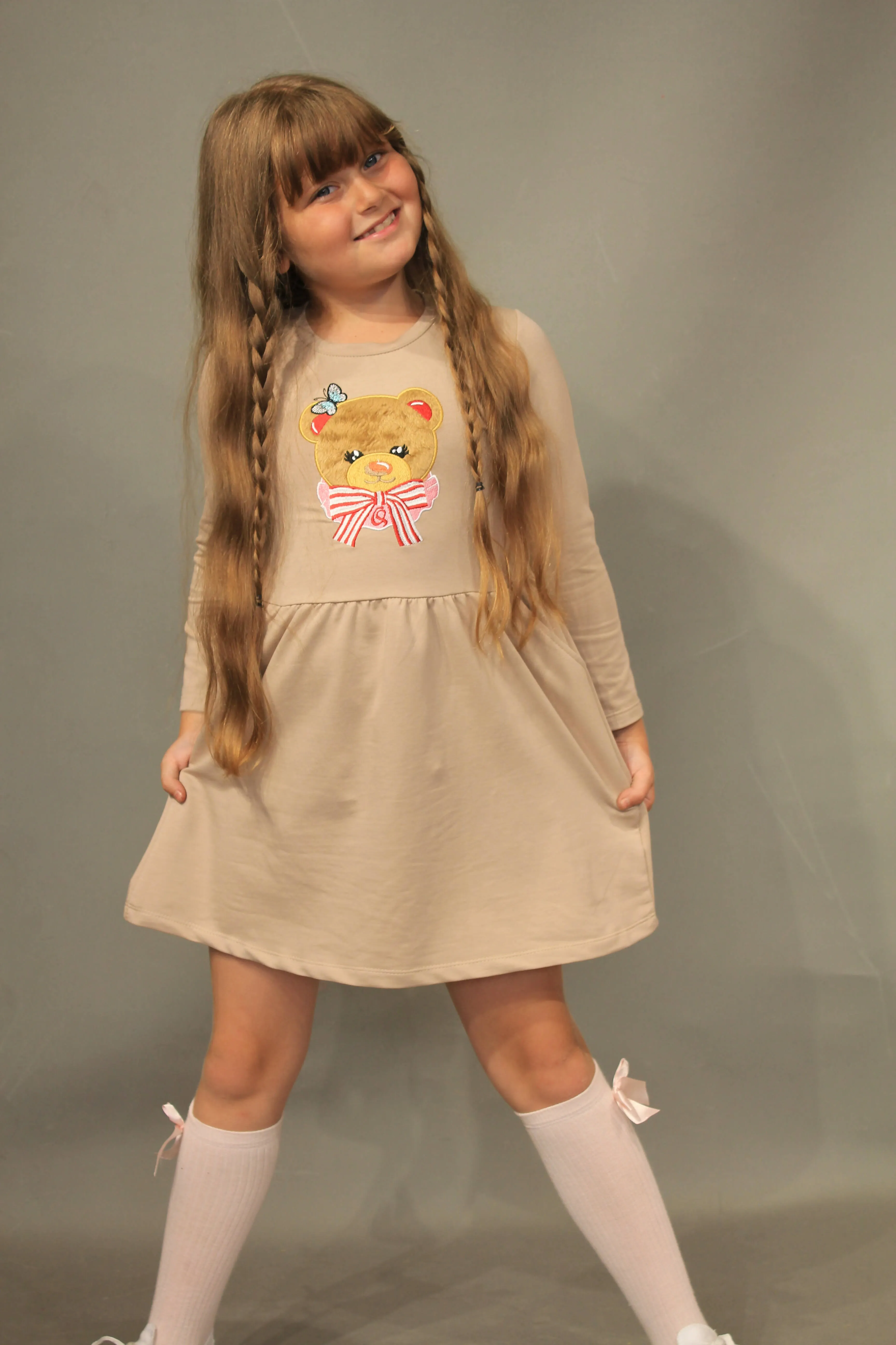 Long Sleeve Girl's Dress with Soft Fur Bear Applique