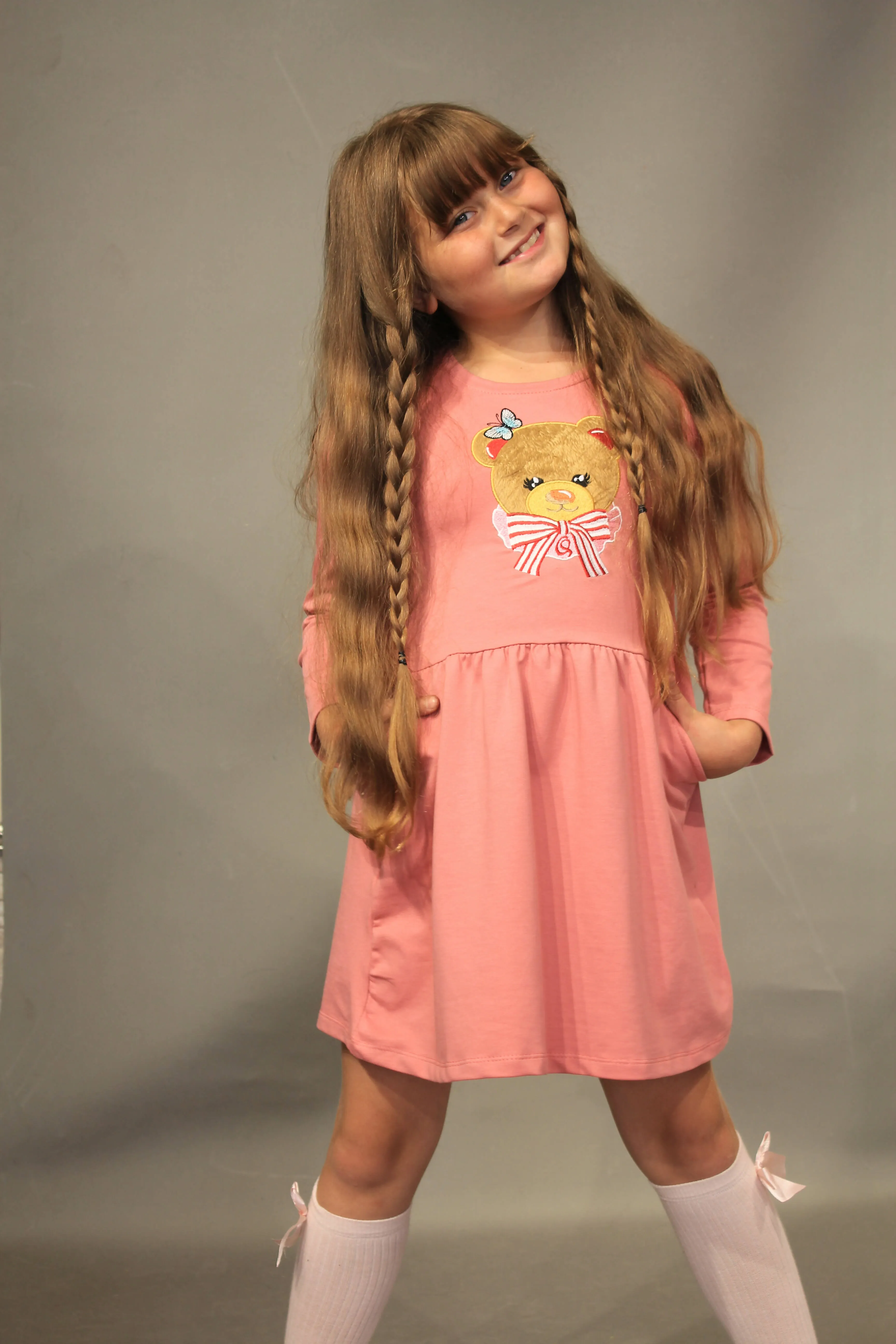 Long Sleeve Girl's Dress with Soft Fur Bear Applique