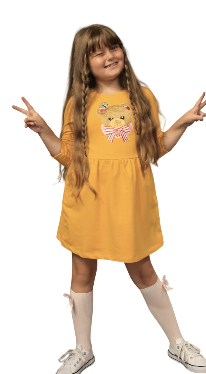 Long Sleeve Girl's Dress with Soft Fur Bear Applique