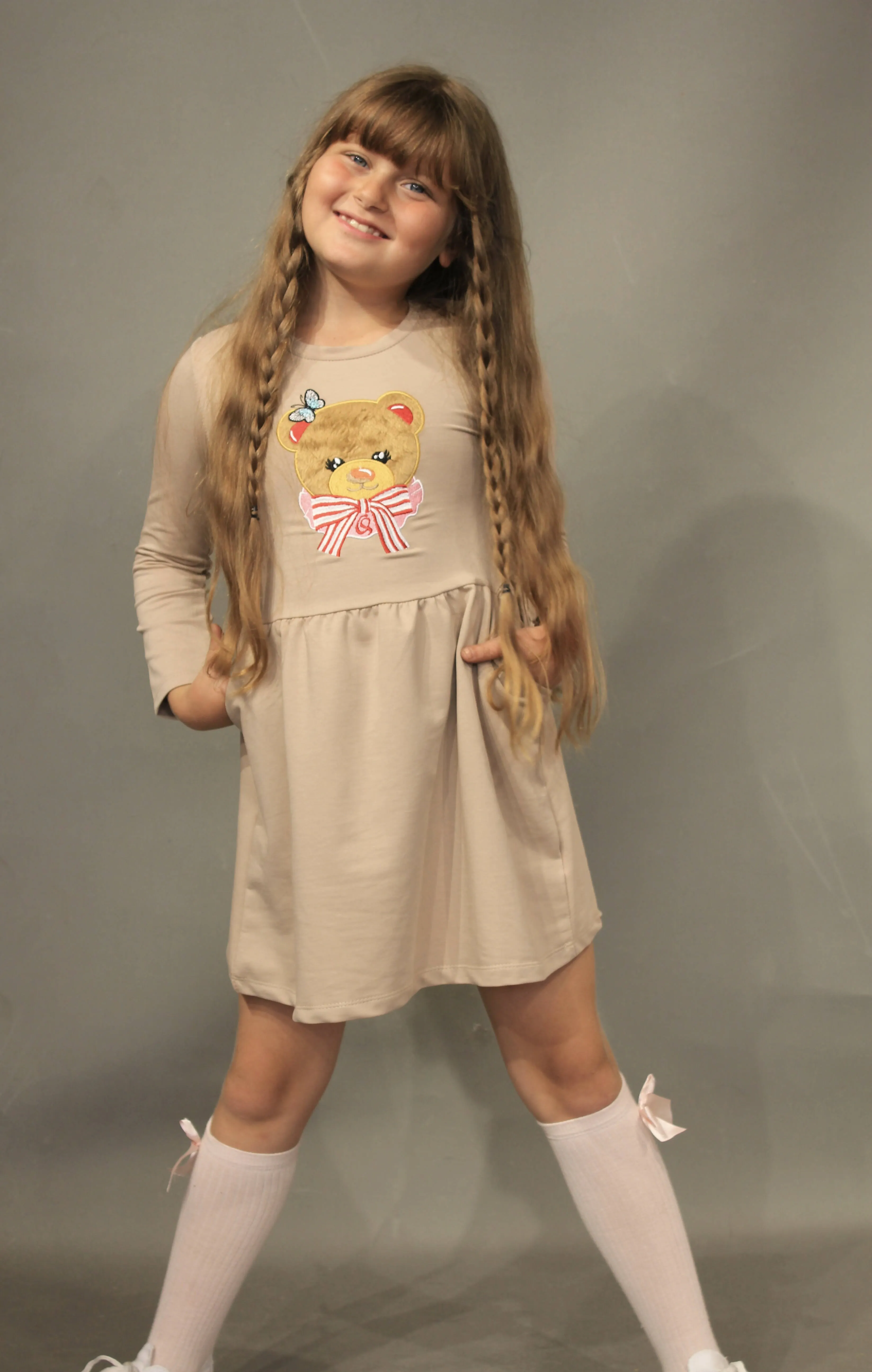 Long Sleeve Girl's Dress with Soft Fur Bear Applique