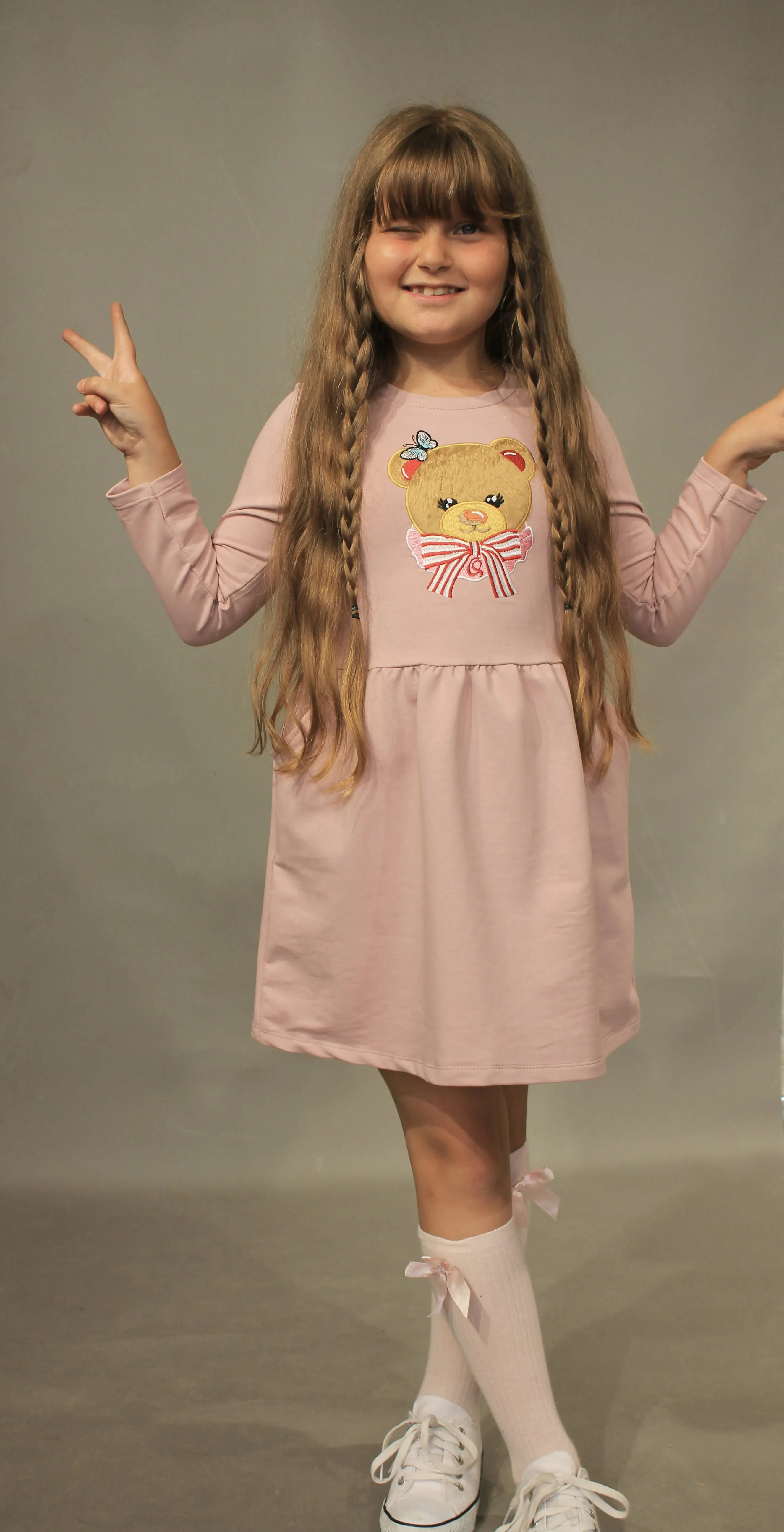 Long Sleeve Girl's Dress with Soft Fur Bear Applique