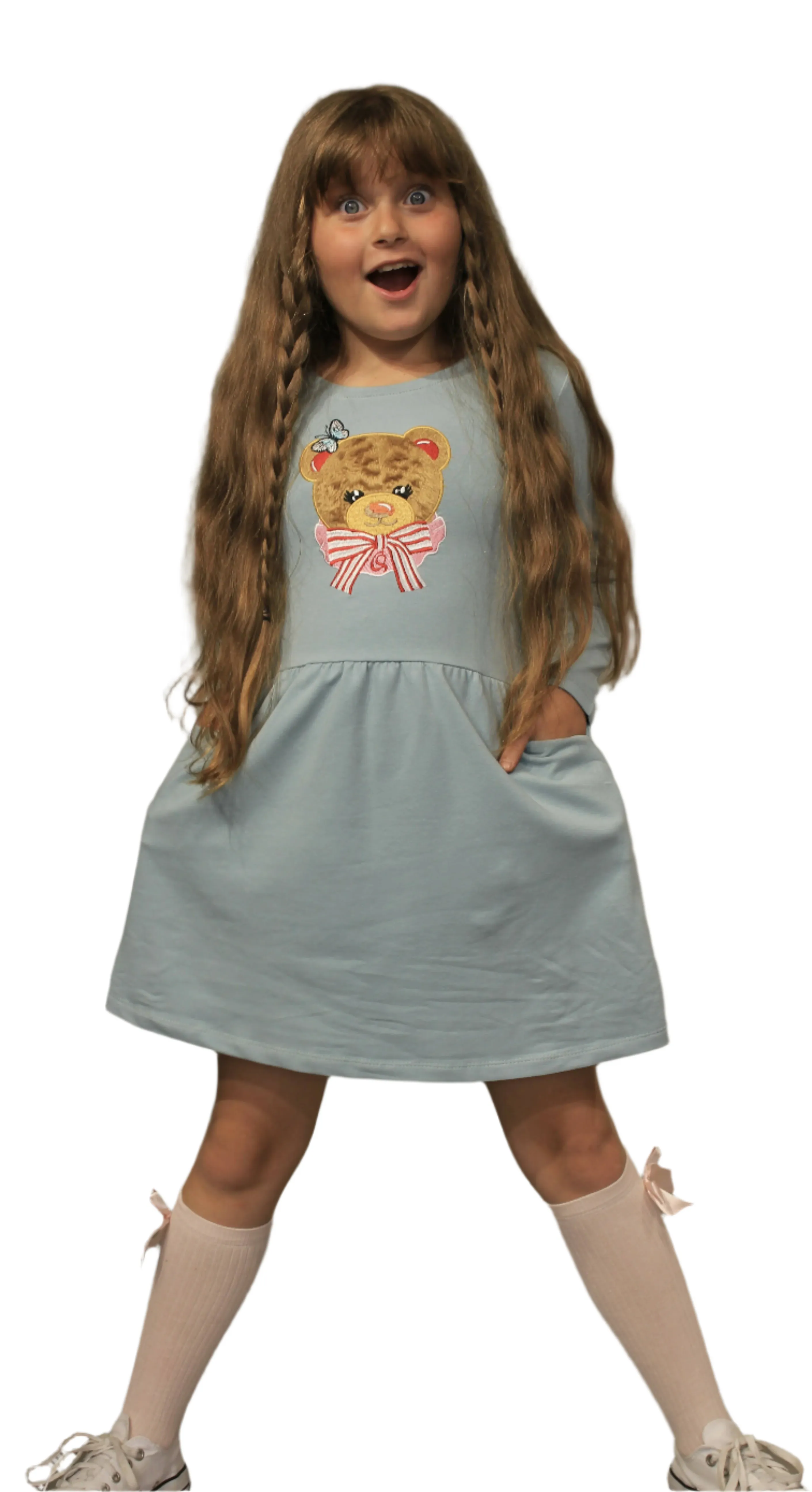 Long Sleeve Girl's Dress with Soft Fur Bear Applique