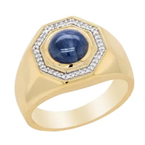 MEN'S YELLOW GOLD FASHION RING WITH CABOCHON CUT SAPPHIRE CENTER AND DIAMOND HALO, .12 CT TW