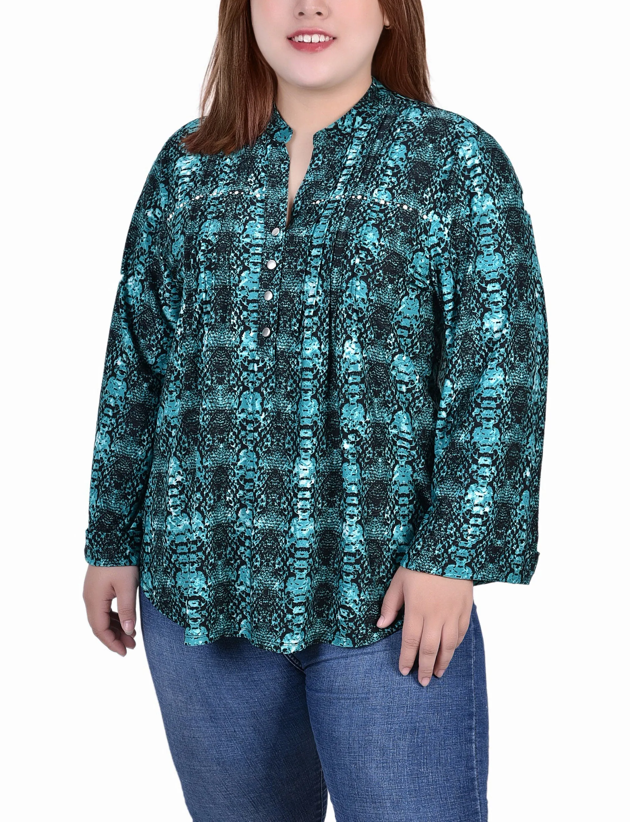 Plus Size Long Sleeve Jacquard Knit Y Neck Top