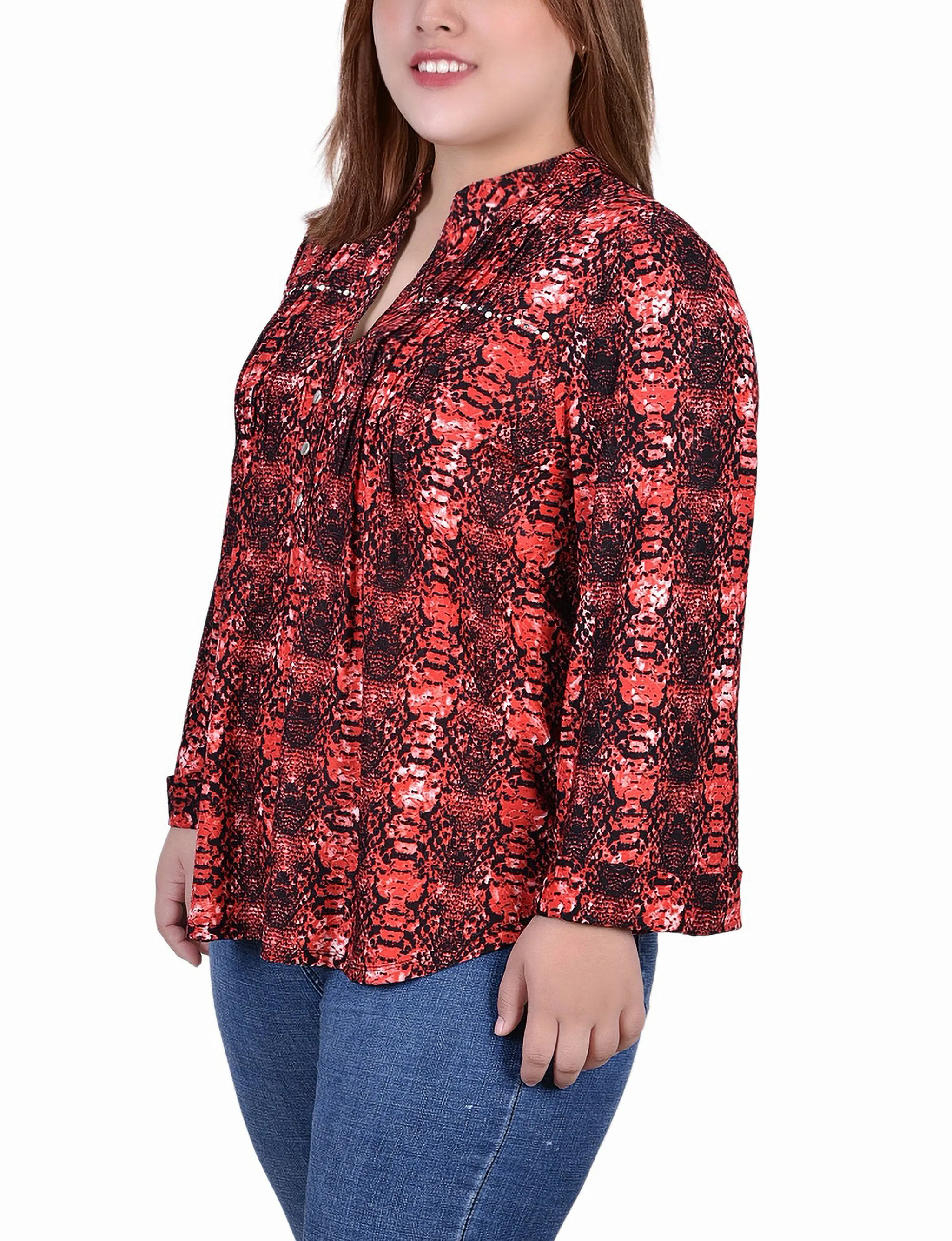 Plus Size Long Sleeve Jacquard Knit Y Neck Top