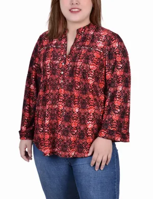 Plus Size Long Sleeve Jacquard Knit Y Neck Top