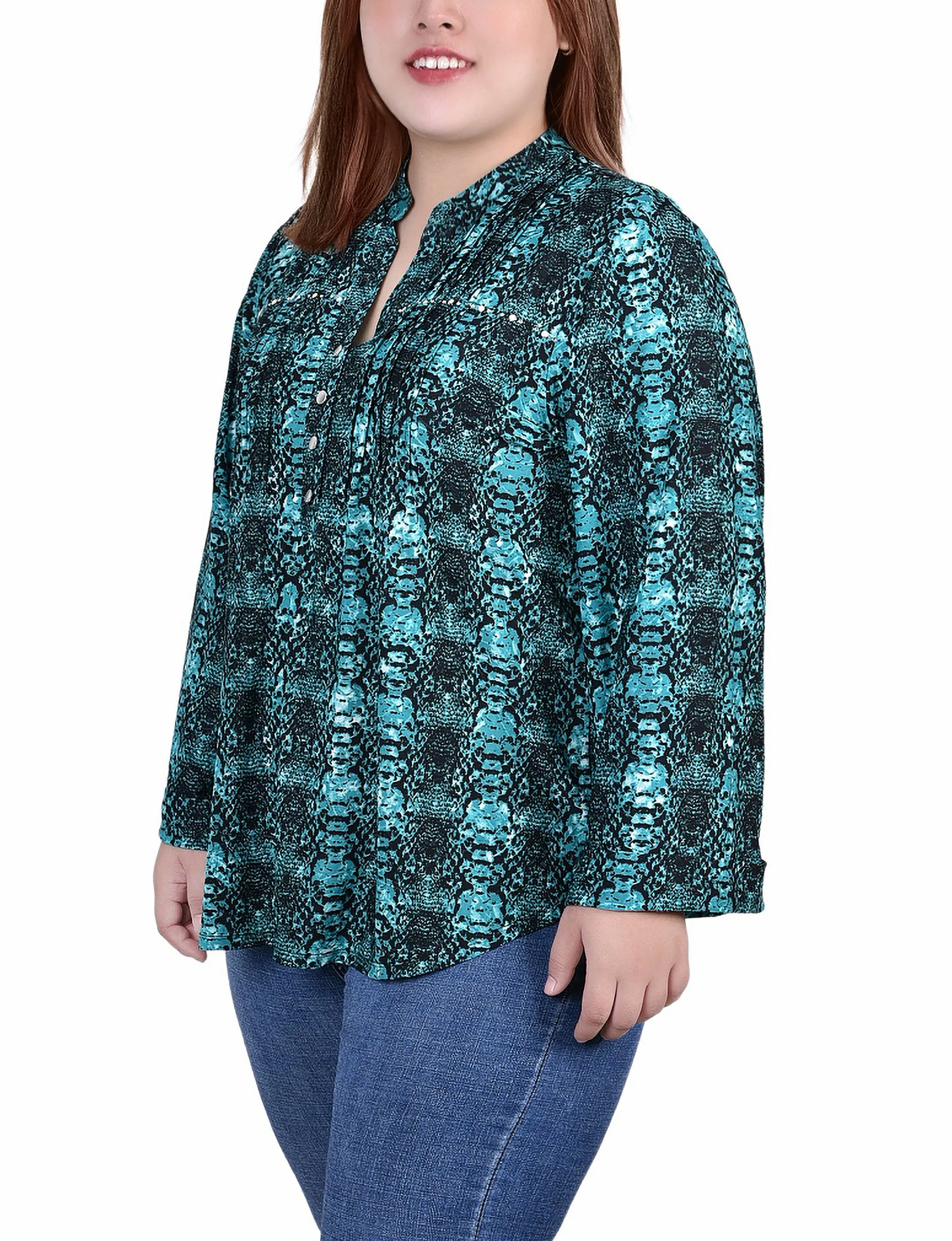 Plus Size Long Sleeve Jacquard Knit Y Neck Top