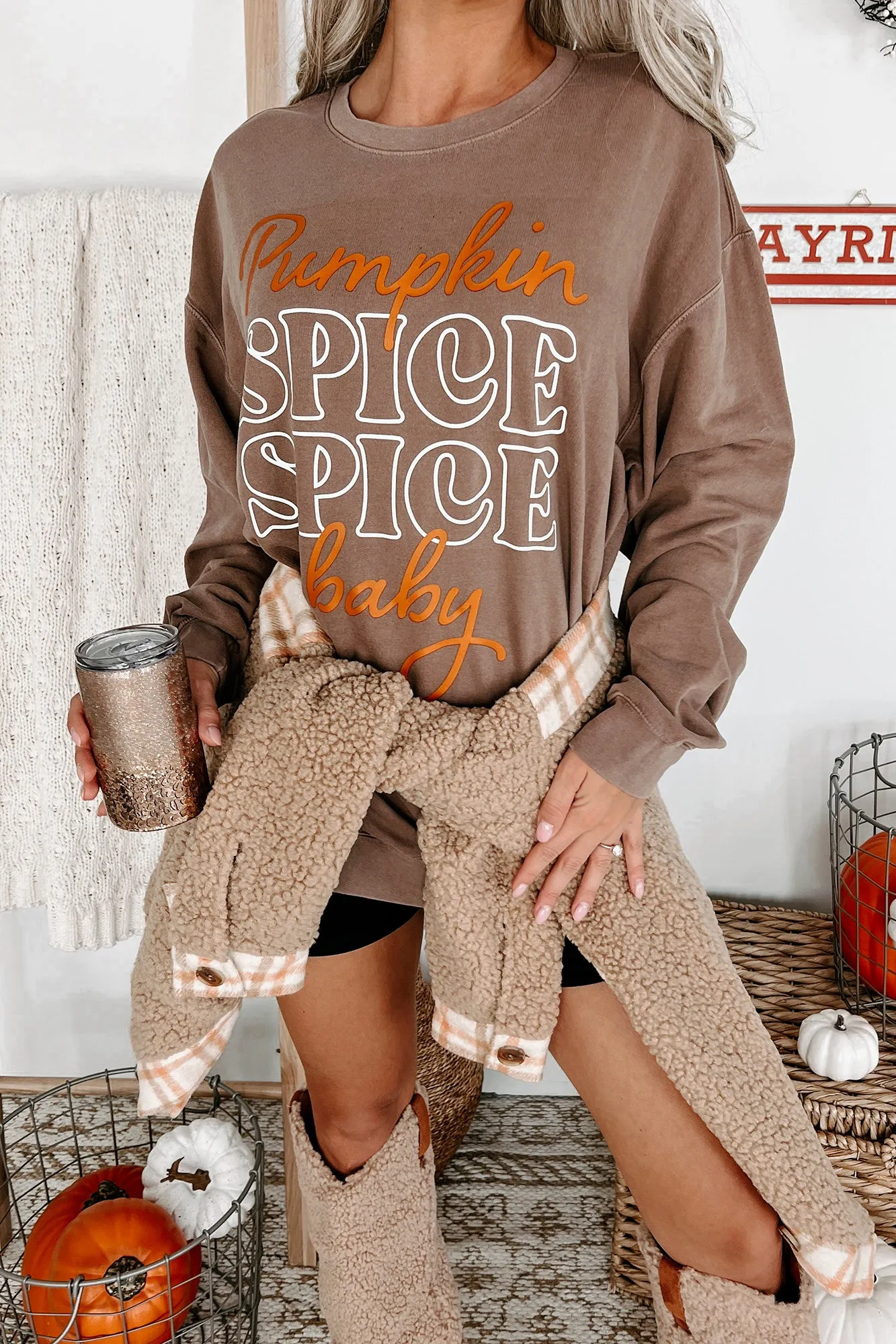 "Pumpkin Spice, Spice Baby" Lightweight Graphic Crewneck (Espresso) - Print On Demand