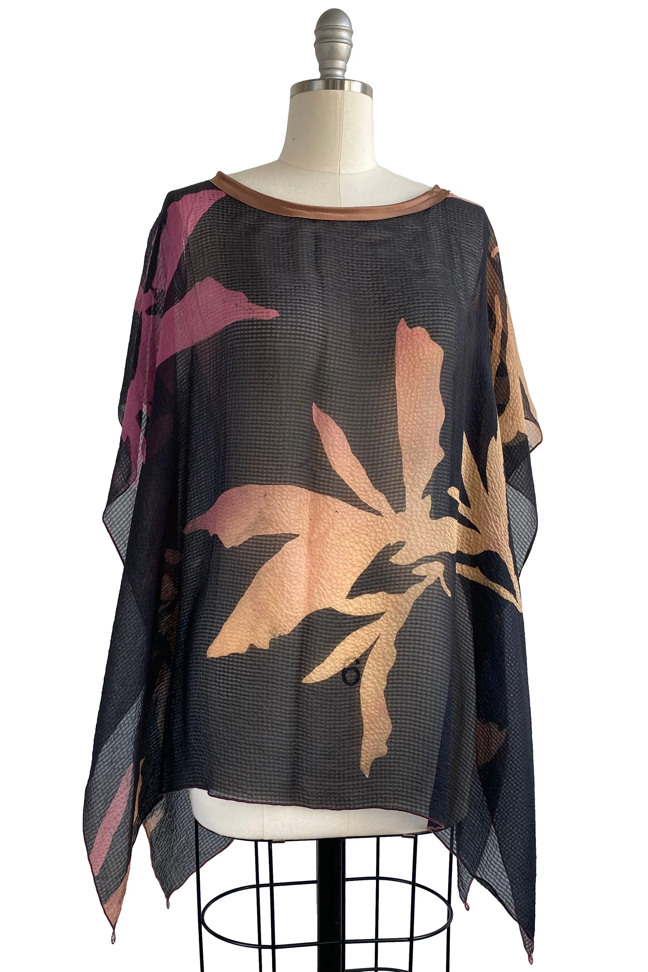 Seersucker Silk Poncho w/ Azalea Leaf Print - Black, Magenta & Gold