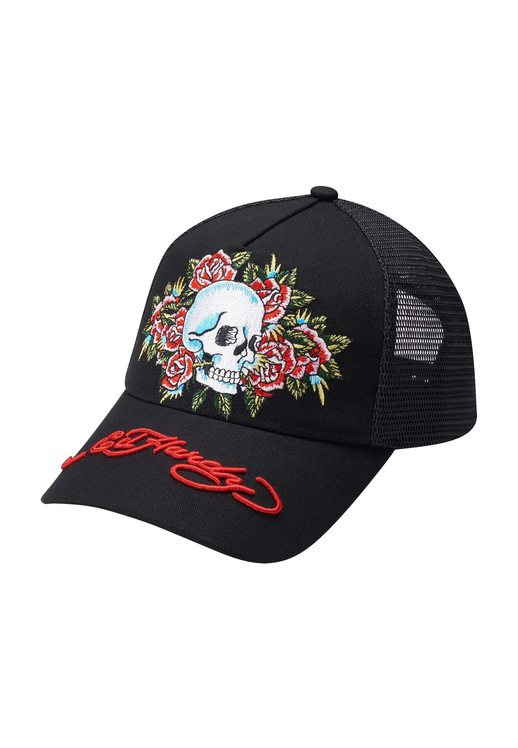 Unisex Skull-Rose Twill Front Mesh Trucker Cap - Black